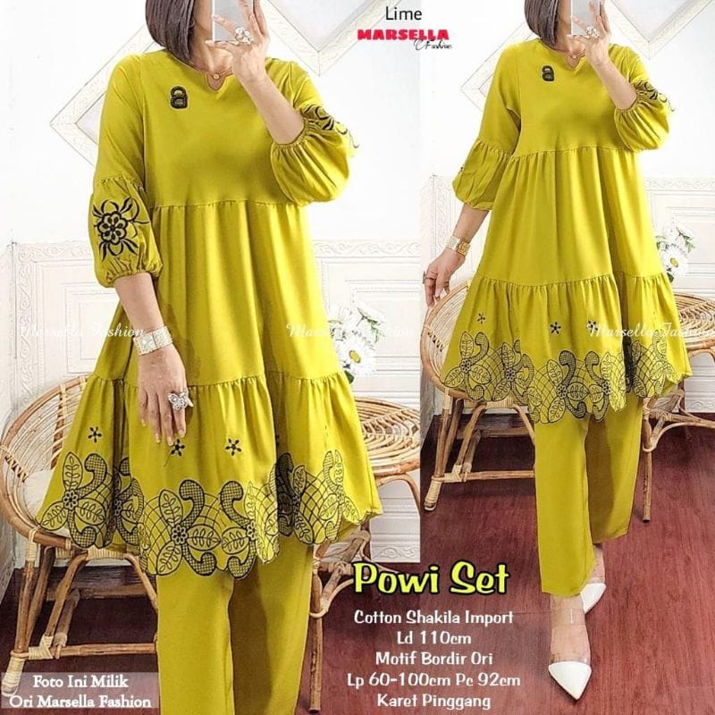 Baju Wanita Setelan Terbaru Powi One Set Tunik Jumbo Celana Panjang Setelan Wanita Kekinian Aksen Bordir Ootd Korean Style