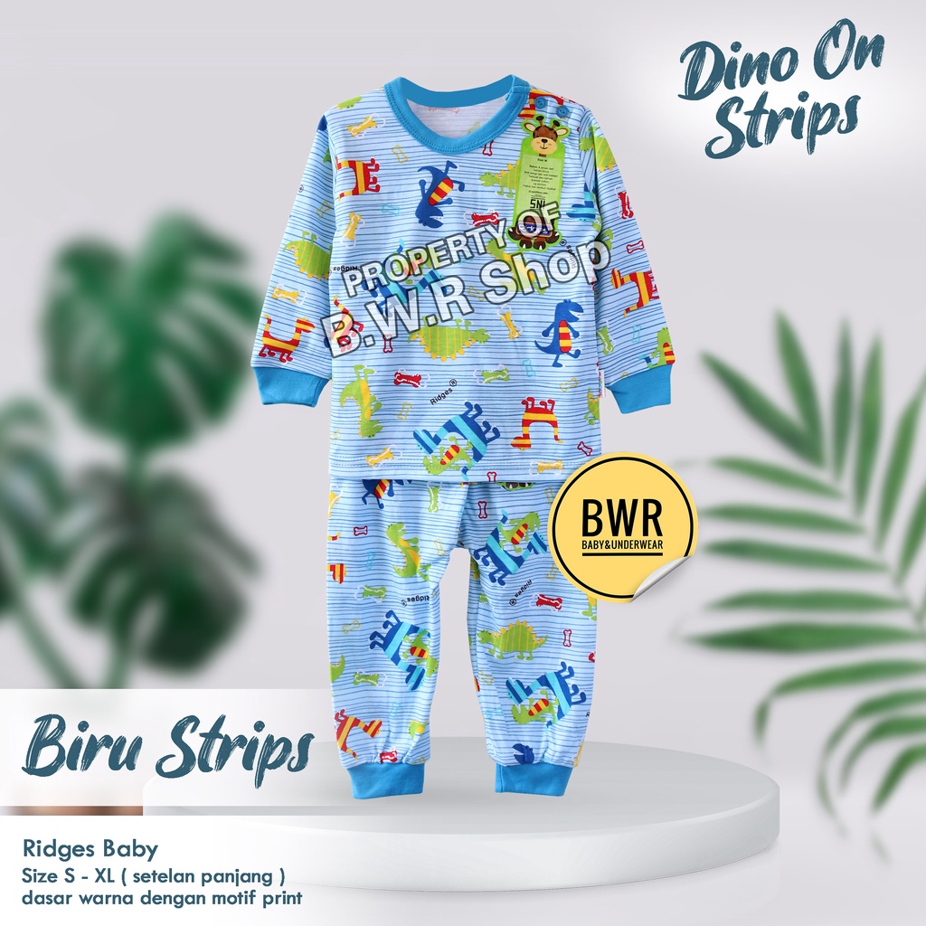 [ 3 Setel ] Setelan RIDGES PANJANG Dino On Strips Terbaru / Setelan Baju Bayi Baju Tidur Anak Unisex Panjang Terlaris 10rs | Bwr