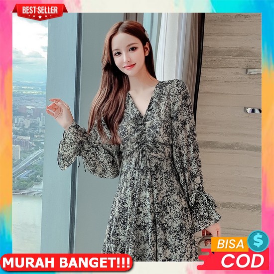 Mini Dress Wanita Import Korea Dress Wanita Katun Import Casual Style [Lexa]Dress Wanita Muslim Lengan Panjang Hitam Putih Corak Bunga