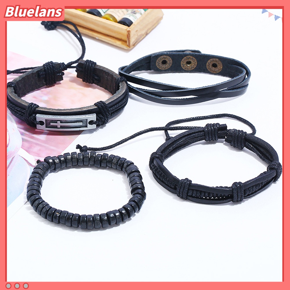 4pcs / Set Gelang Tali Kulit Imitasi Multilayer Adjustable Untuk Pria