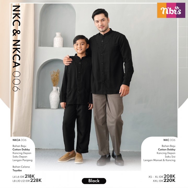 NIBRAS KOKO COUPLE AYAH DAN ANAK LAKI LAKI NKC 006 NKCA 006 BLACK HITAM MATERIAL COTTON DOBBY FULL K