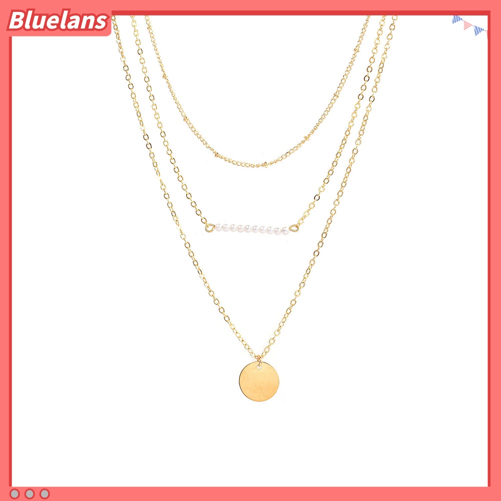 Bluelans Women Stylish Faux Pearls Polished Coin Charm Pendant Three Layers Necklace