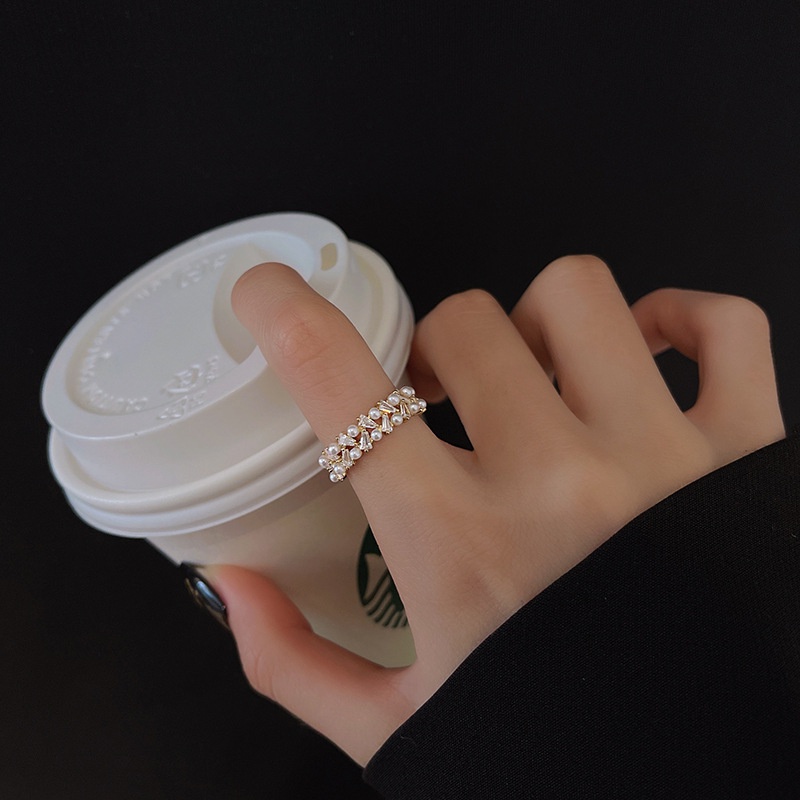 Cincin Zircon Mutiara Double layer Adjustable Untuk Wanita