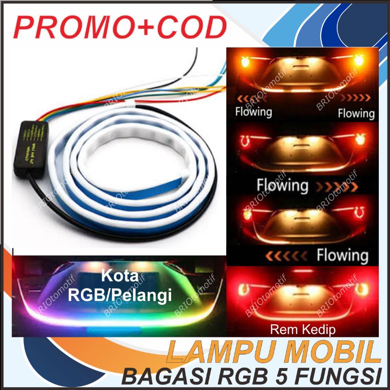 LAMPU LED BAGASI RGB BELAKANG MOBIL STROB0 METEOR 5 FUNGSI 120CM 12V: KOTA RAINBOW PELANGI REM KEDIP