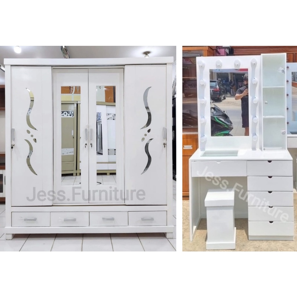 Lemari Baju 4Pintu Sliding + Meja Rias Putih , Lemari Pakaian Sliding Putih , Lemari Baju 4Pintu Sli