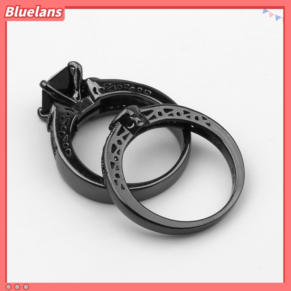 Bluelans 2Pcs Women Men Luxury Black Cubic Zircon Inlaid Finger Ring Jewelry Gift
