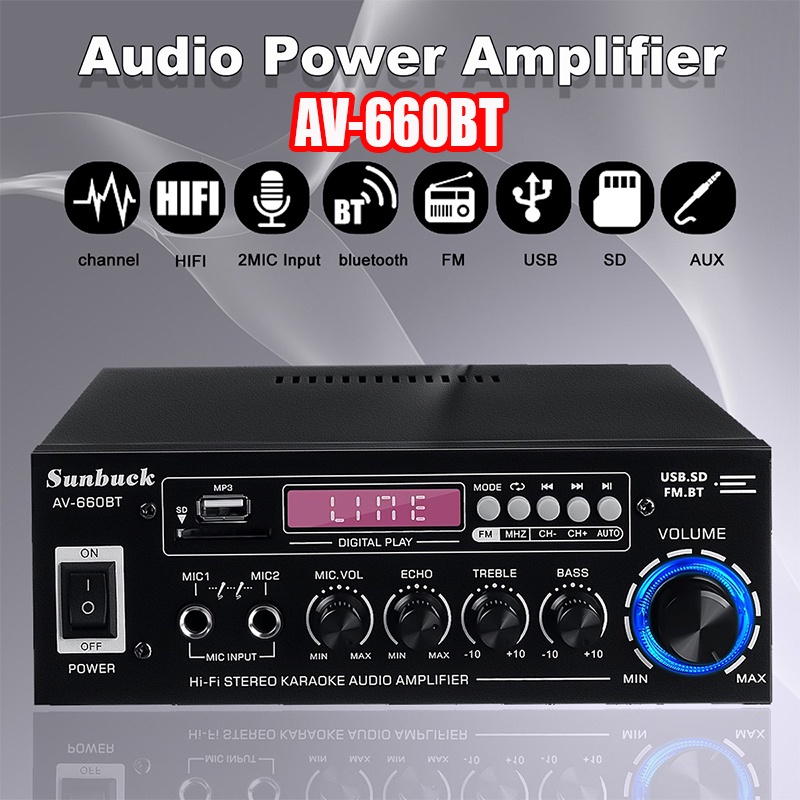 (COD / Bayar Di Tempat) Sunbuck Ampli Karaoke Equalizer Bluetooth Stereo Amplifier Treble Bass Booster 2000 Watt AV-660BT