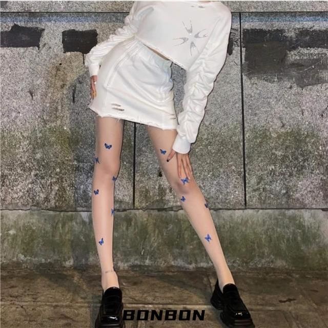 Stoking kupu-kupu biru gadis dengan cetakan cut-out anti-hooking dan pantyhose ultra-tipis