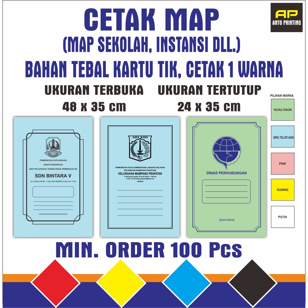 

Map Sekolah, Instansi Cetak 1 Warna Bahan Kartu Tik/Bufallo Min Cetak 100 Pcs