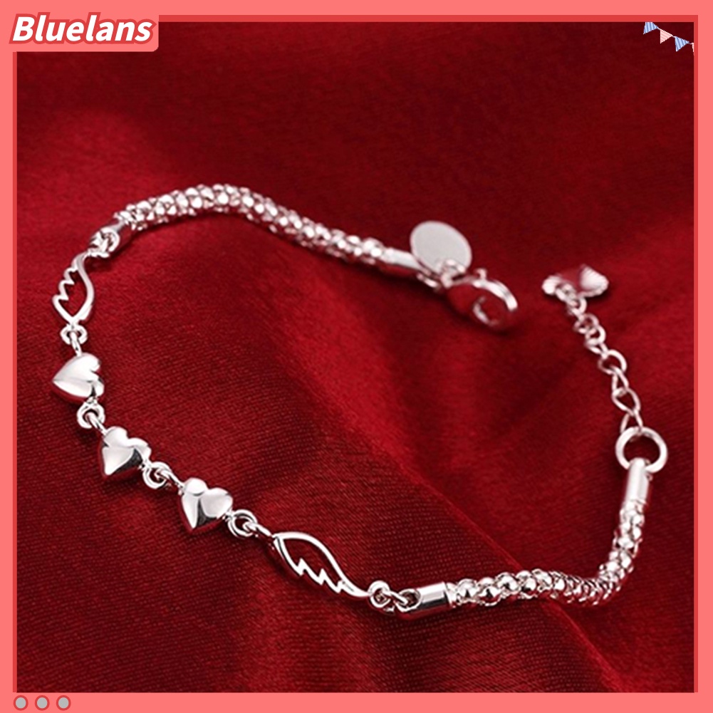 Bluelans Women 925 Sterling Silver Charm Love Heart Wings Bracelet Cuff Bangle Jewelry