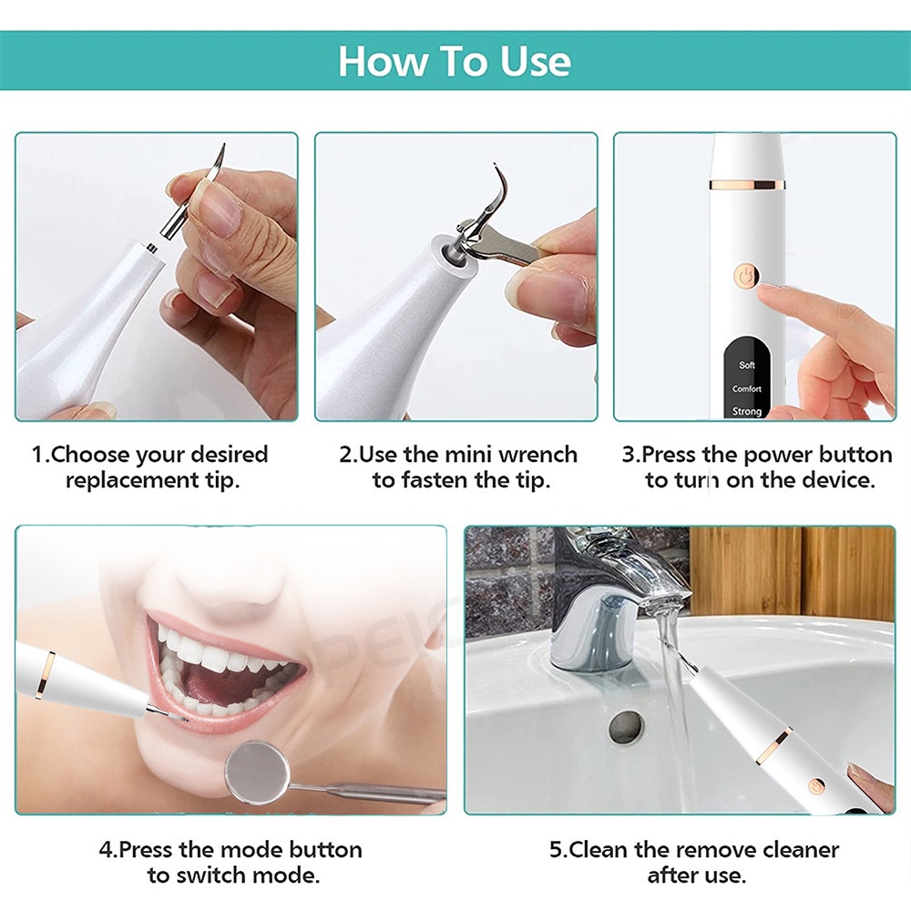 Alat Pembersih Karang Gigi Dental Scaling Sonic Elektrik 38KHZ 1 Set 3 Modes Perontok Dan Pembersih Karang Gigi Alat Scaling Karang Gigi Dental Remover With Light Penghilang Pemecah Karang Gigi GS5