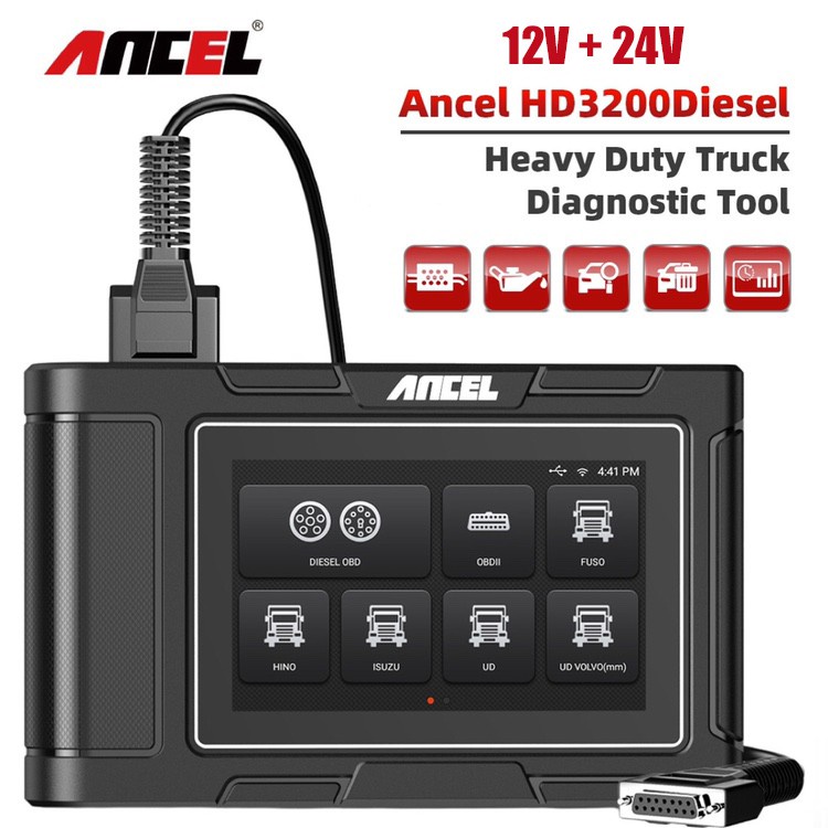 ANCEL HD3200 Heavy Duty Diesel Truck Diagnostic Scanner 12V 24V Car 2 in 1 Full System DPF Pin Detect OBD2 Automotive Truck Scanner