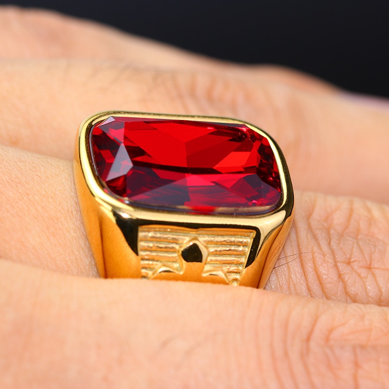 Cincin Emas Kristal Merah Dengan Salib Gaya Hip Hop Untuk Pria