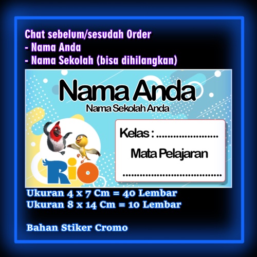 

Stiker Label Buku Rio Burung Biru Kartun Anime Lucu Karakter Lucu Custom Lebel Nama cromo murah 20 Varian berbeda Sticker Pelajaran Mapel buku anak sekolah Vol 3