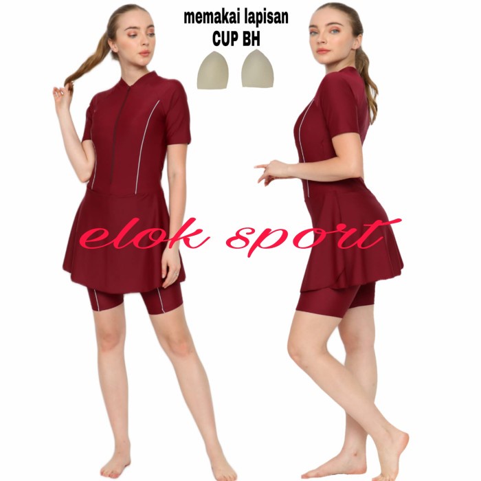 baju renang diiving wanita polos cup bh - maron Lis putih, L