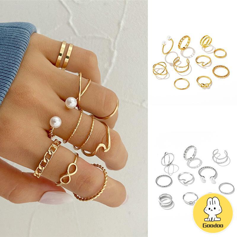 10 Buah Set Wanita Kreatif Sederhana Manik-manik Ganda Cincin Gabungan Geometri Gelombang Mutiara -Doo