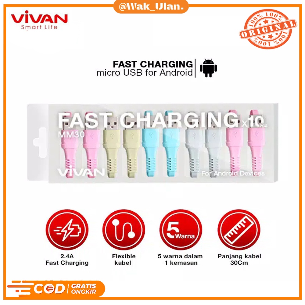 Kabel Cable Wired VIVAN 30cm MM30 Micro USB Data Fast Charging Original 2.4A HP Powerbank universal