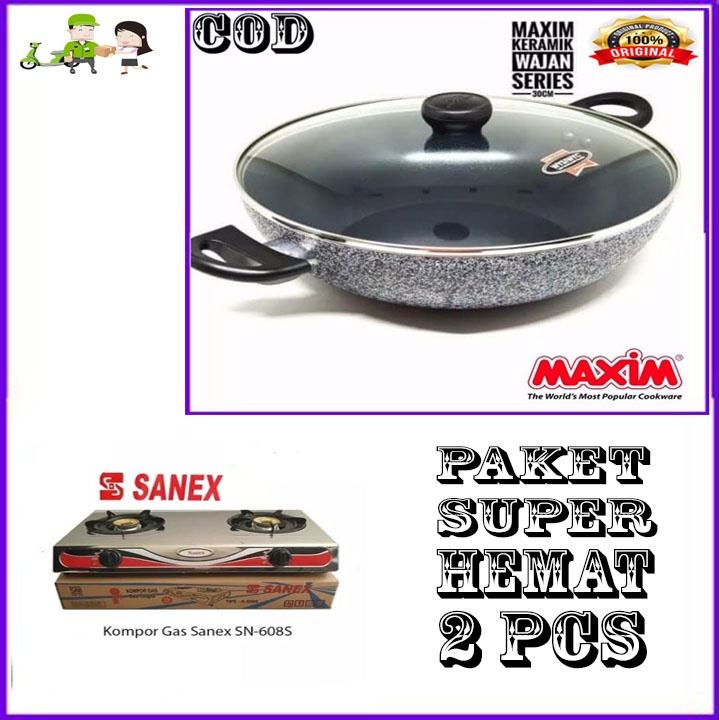 MAXIM CERAMIC WOK 30 CM TUTUP KACA ORI + KOMPOR SN 2 TUNGKU BERGARANSI RESMI