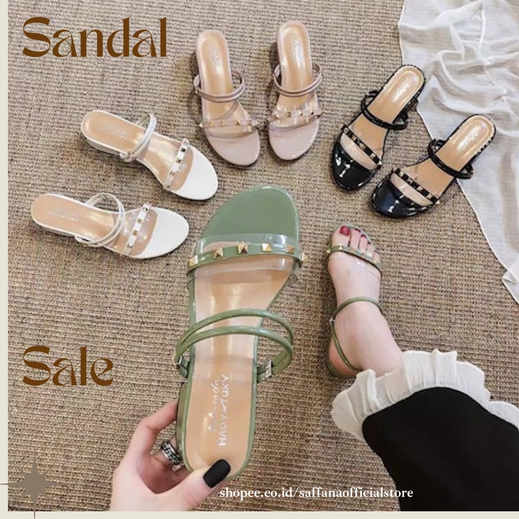 Sandal Heels Wanita model terbaru kekinian 2022 5cm 3cm Tali Mika kaca Stude DNS