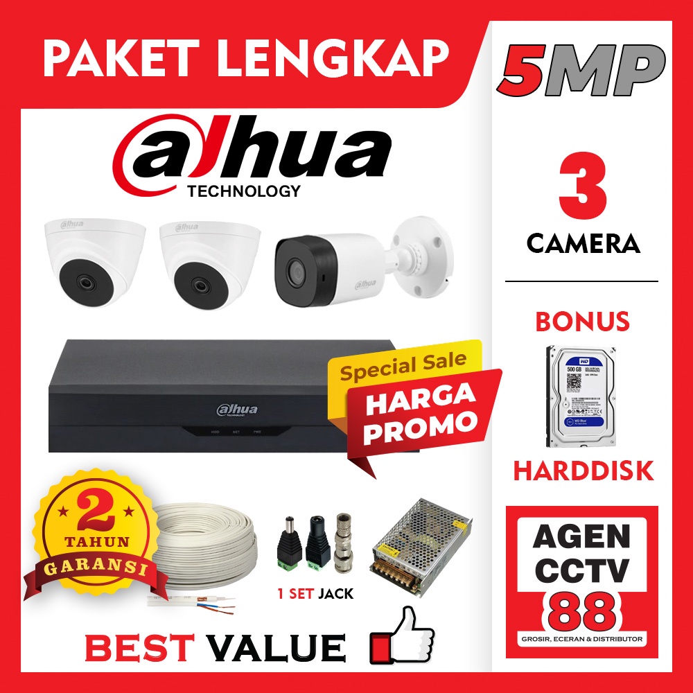 Paket CCTV DAHUA 3CH 3 Channel 5MP Lengkap + Kabel + Harddisk