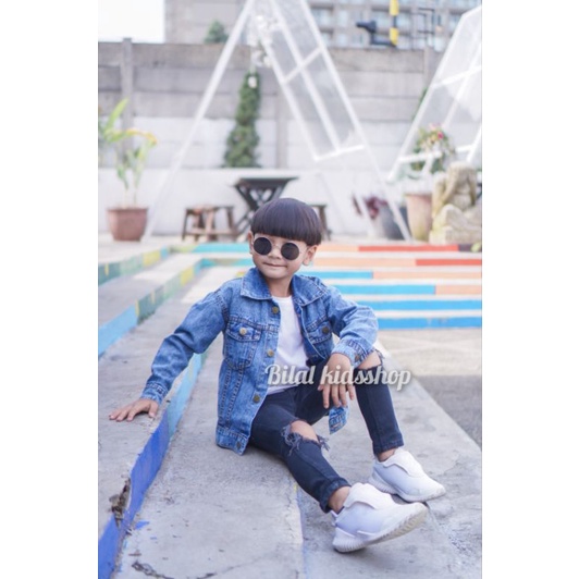 JAKET JEANS SANDWASH ANAK LENGAN PANJANG UNISEX ( CEWE &amp; COWO )