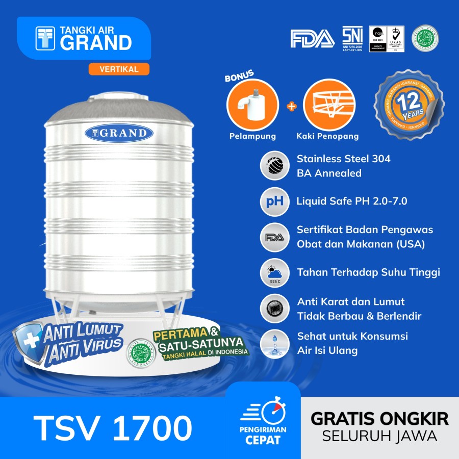 Toren Tandon Tangki Air Stainless Grand Type TSV 1700 Anti Lumut Garansi 12 TH Tangki Air 1350 L NEW PRODUCT