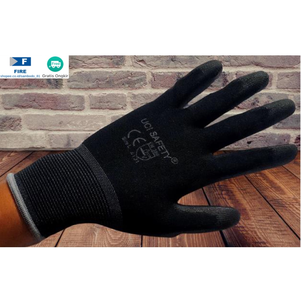 Sarung Tangan Bengkel otomotif Bagunan Coating Karet Pengaman kerja Packing PU Statis Multitask Karet Palm Fit Ukuran S,M, L, XL Proyek Satpam Anti Slip Hitam Black Hand Gloves
