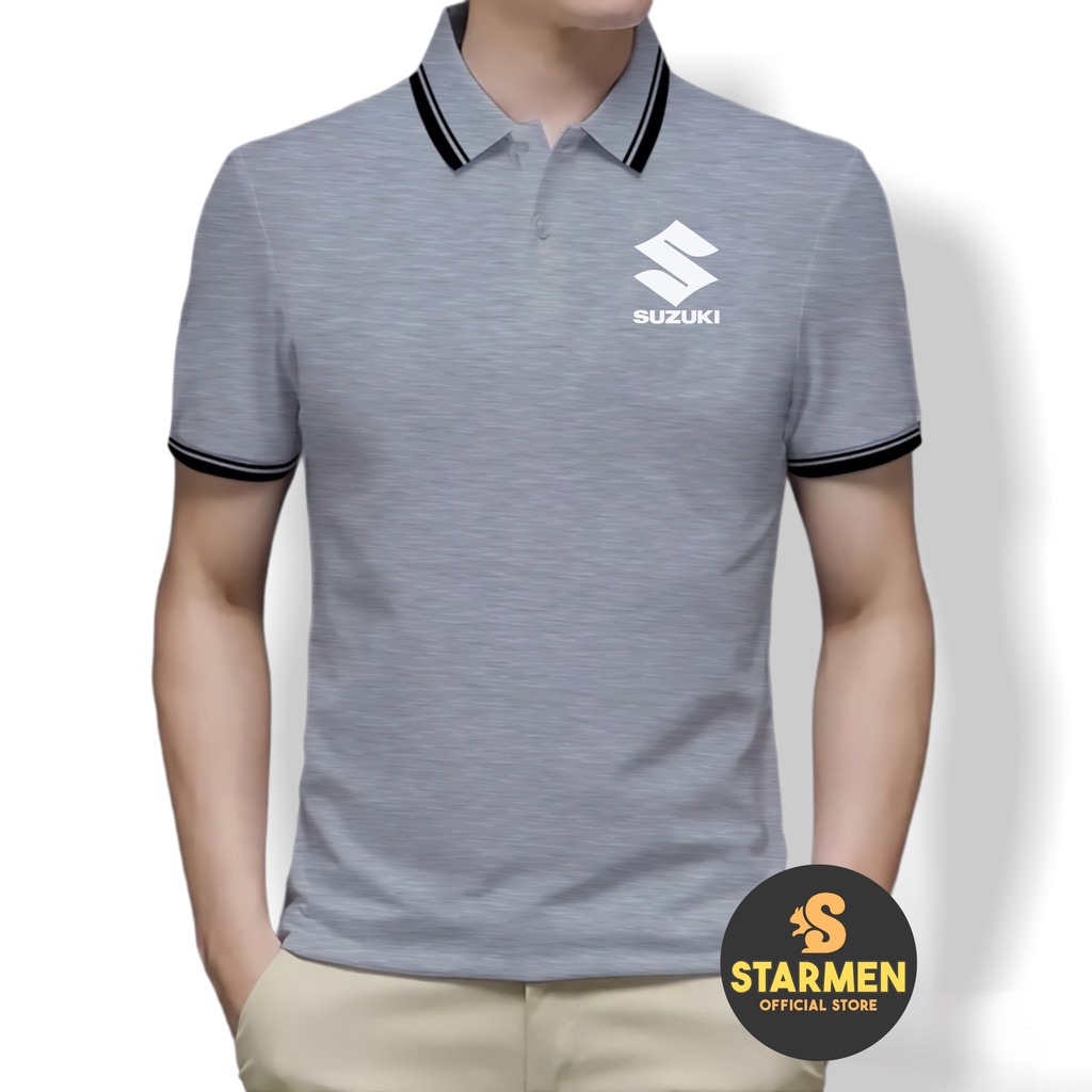 Kaos Polo Shirt Pria Kerah List Putih Logo SUZUKI