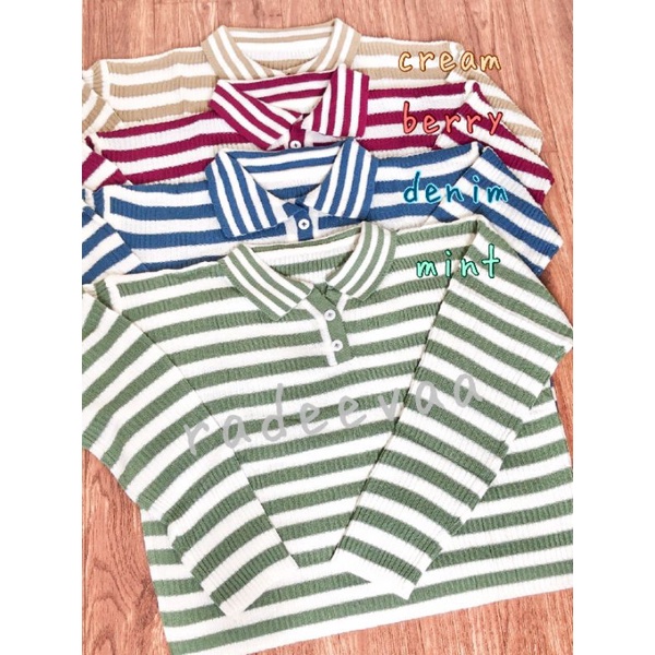 POLO KNIT TOP BLASTER CROP ATASAN RAJUT COMBO STRIPE TONE GARIS 2 WARNA