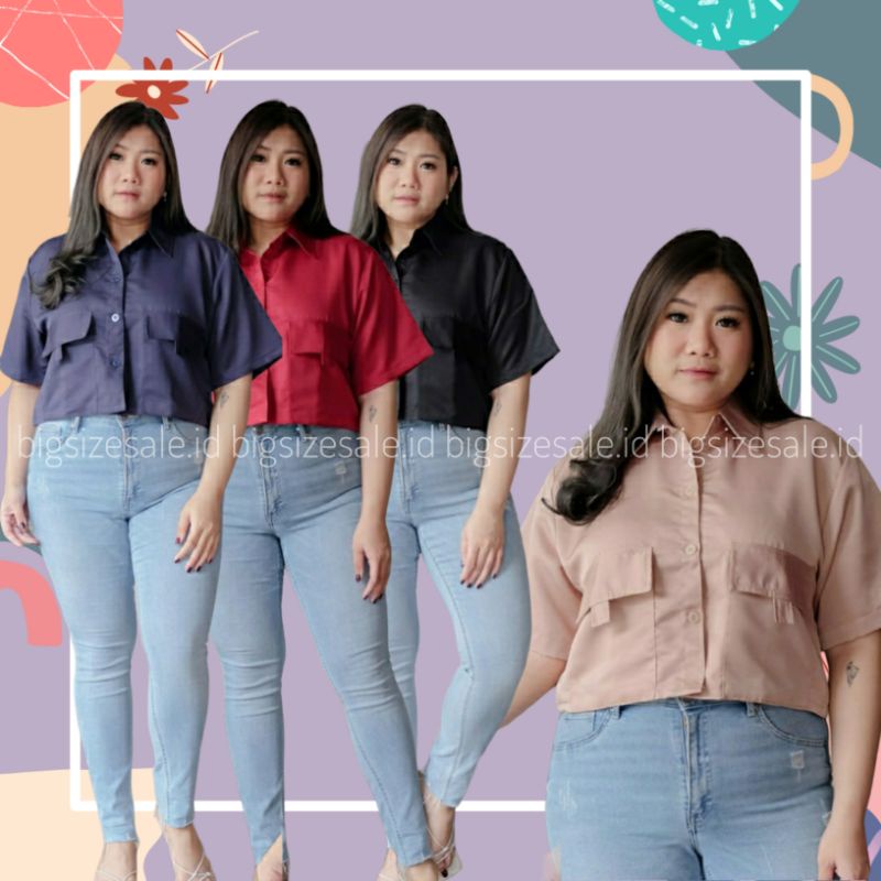 CROP TOP JUMBO Kemeja Polos LD 120 Lengan Pendek Atasan Wanita Big Plus Size XXL