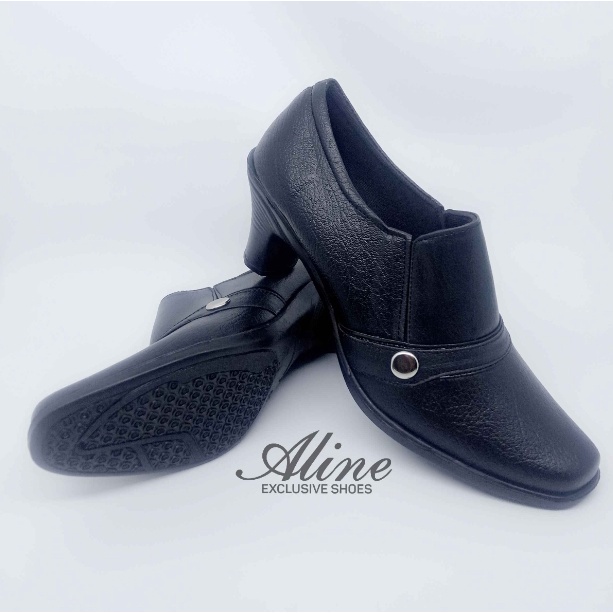 Aline Sepatu Pantofel Wanita Slip-On Elastis Hak 7 Cm Formal Hitam Polwan Kowad Dishub AW09