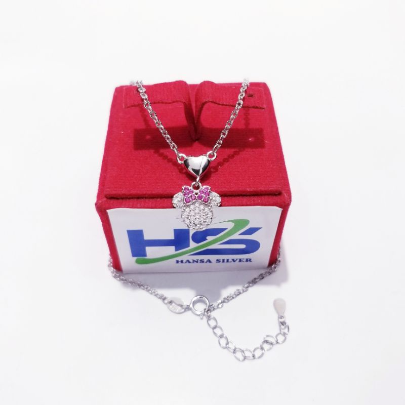 Kalung Perak Anak Asli Silver 925 Lapis Emas Putih Model Koye Rantai Nori Ukir Liontin Mickey Mouse - Perak Asli 925 Anti Karat