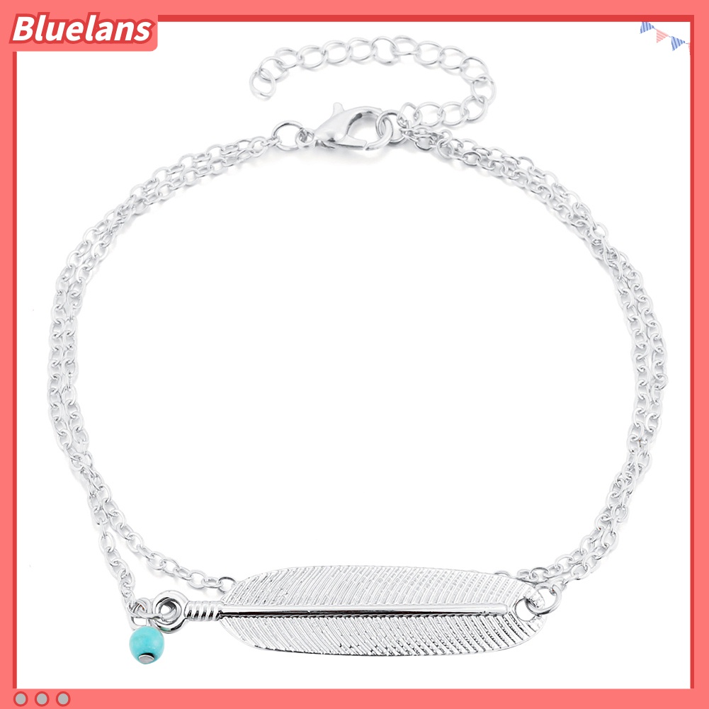Gelang Kaki Rantai Liontin Bulu Manik-Manik Turquoise Gaya Retro Untuk Wanita