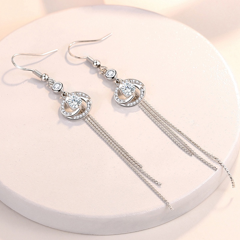 Anting Gantung Sterling Silver 925 Model Rumbai Panjang Dengan Zircon Bulat Untuk Wanita