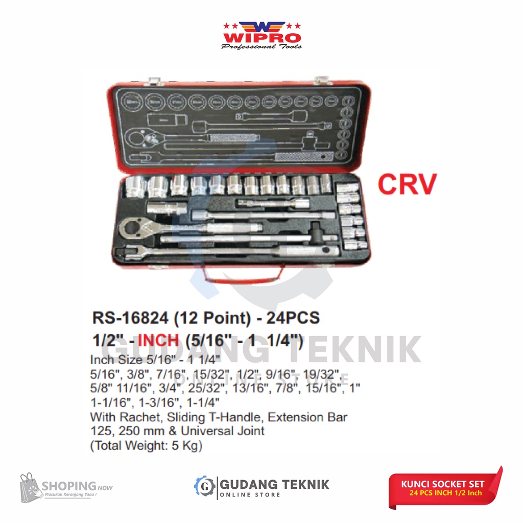 Kunci Sock Set 1/2&quot; 24 Pcs INCH WIPRO RS-16824 12PT / Kunci Sok Sock Sock 5/16&quot; - 1  1/4&quot; WIPRO RS16824 12PT - Socket SET Wrench WIPRO RS 16824 12PT