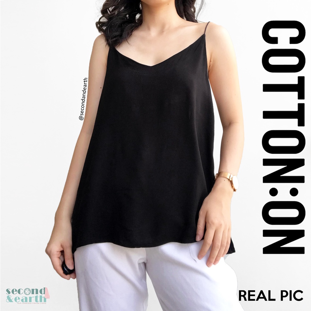 Cotton On Spagetti Strap Camisole Tank Top (S-M) Kamisol V-Neck Ceruti Hitam Polos Atasan Lurus Tanp