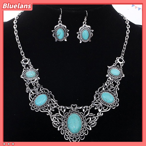 Set Perhiasan Kalung Anting Model Hollow Oval Turquoise Gaya Tibet Untuk Wanita