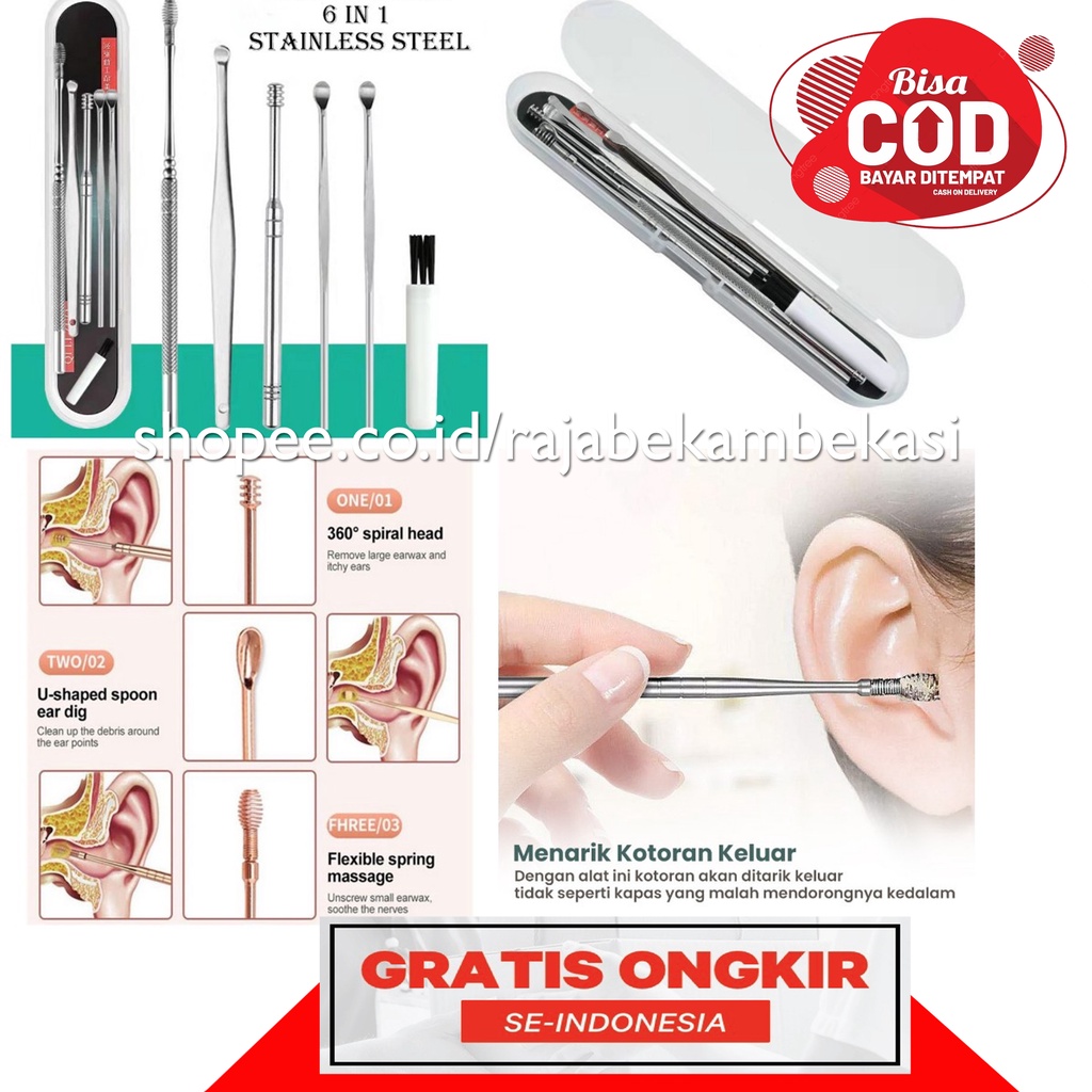 PEMBERSIH KOREK KUPING TELINGA STAINLESS STEEL 1 SET ISI 6 PCS