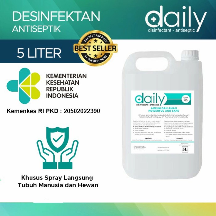 DESINFEKTAN DAILY REGULER PREMIUM DISINFEKTAN ANTISEPTIC 5 LITER (KEMENKES) ANTI VIRUS AMAN UNTUK KULIT - DAILY PREMIUM DESINFEKTAN ANTISEPTIC 5 LITER (KEMENKES) [ORIGINAL]