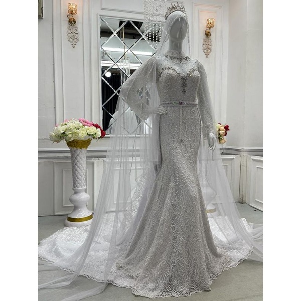 GAUN SLIM WEDING DRESS BUNGA' 3D/ GAUN  PREMIUM  BEREKOR/GAUN WEDDING PAYET MUTIARA/GOWN MODEREN