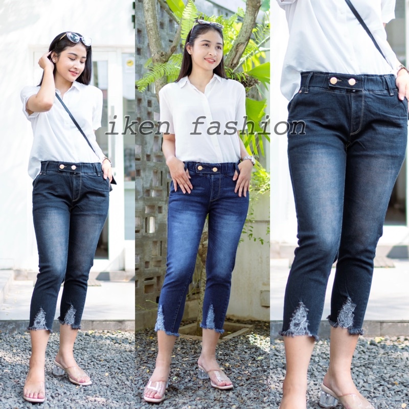 LORA RUBBER JEANS 7/9 KANCING 2 // CELANA JEANS 7/9 WANITA PINGGANG KARET