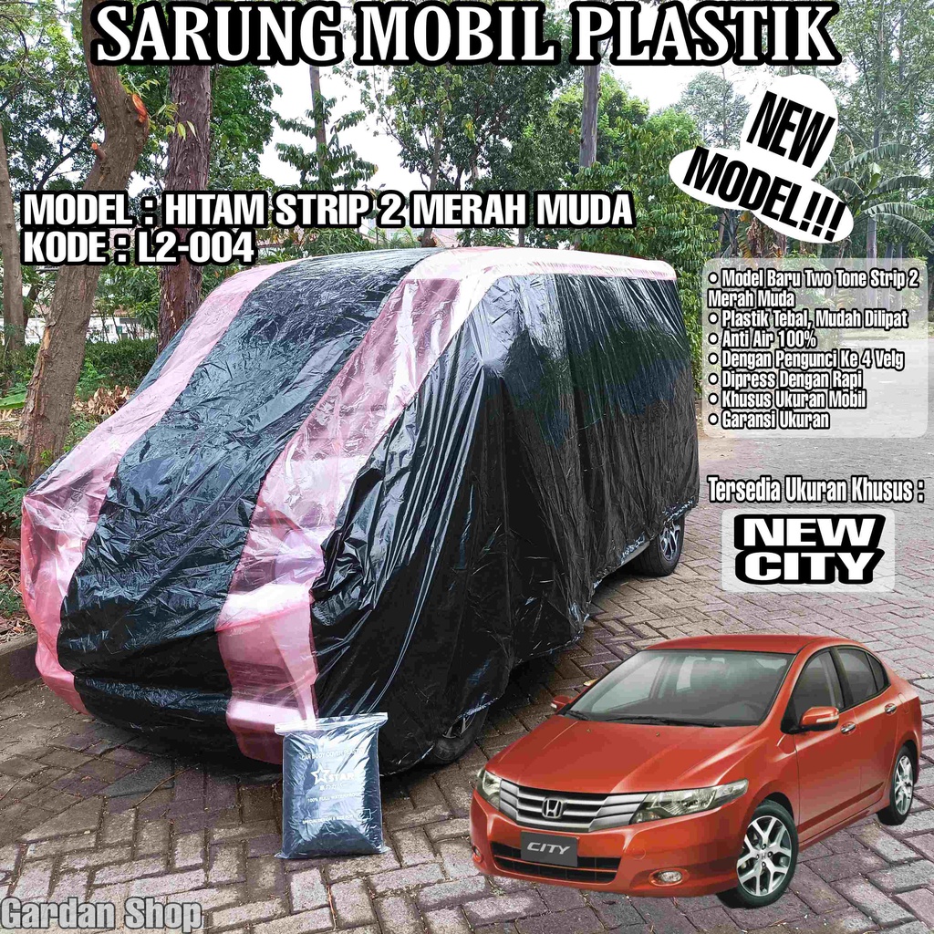 Sarung Mobil Plastik NEW CITY Hitam Strip 2 Merah Muda Full Anti Air Full Waterproof