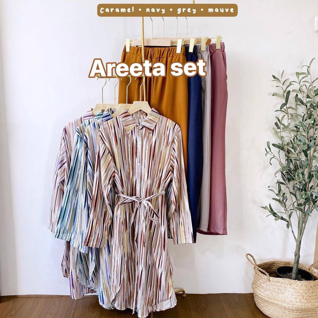 Areeta Set - One Set Wanita Kemeja Pelangi Shakila Twill Premium Setelan Baju Lengan 7/8 Set Celana Kulot Panjang Kekinian LD 110 cm