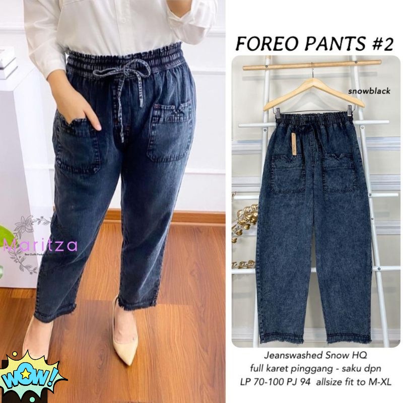 Poppy Baggy Pants Celana Jeans Wanita Pinggang Full Karet Bawah Rawis