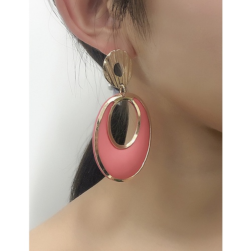 LRC Anting Tusuk Fashion Pink Alloy Resin Hollow Oval Shape V36071