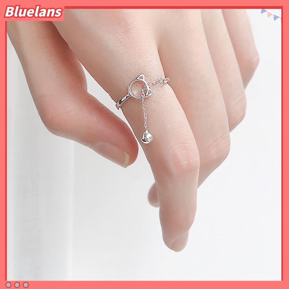 Bluelans Cincin Model Terbuka Desain Hewan Kucing Hollow Dengan Rantai Lonceng Untuk Wanita