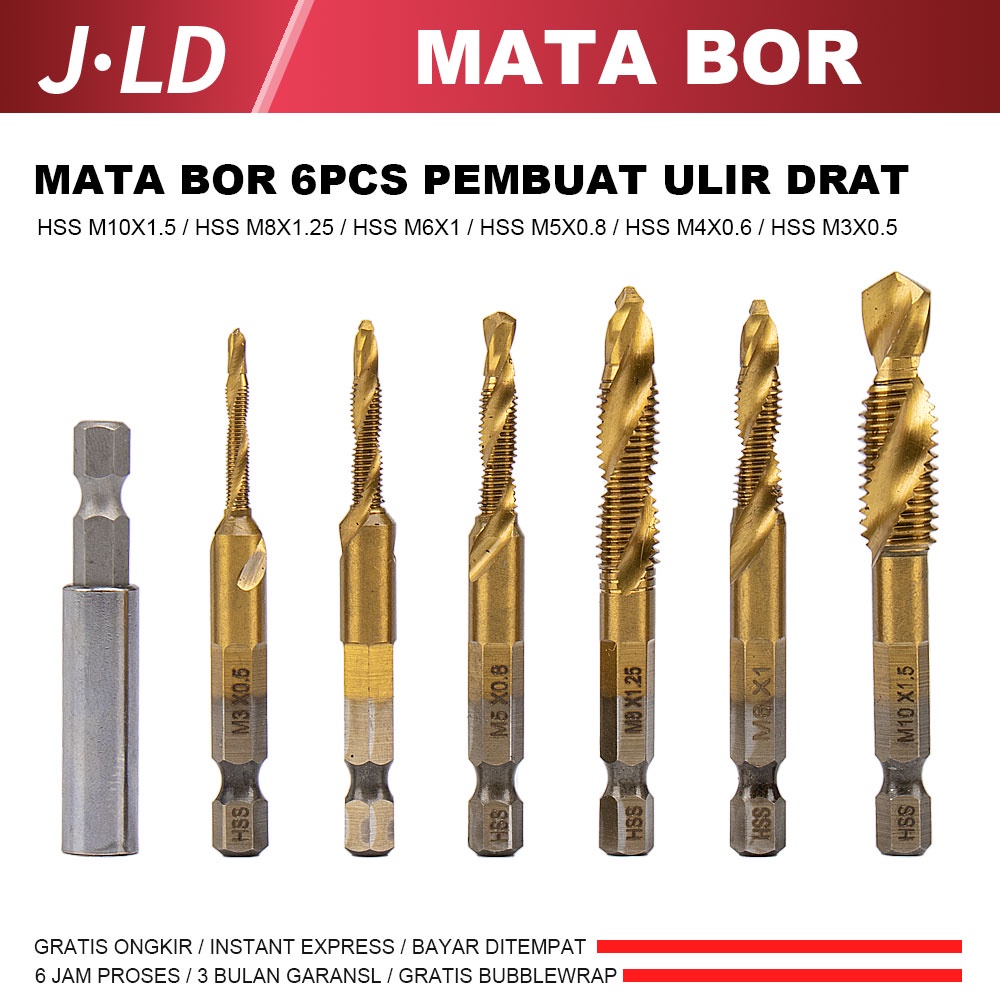 JLD Mata Bor 6PCS Pembuat Ulir Drat Hex Twist Spiral Tapper Baut Bit 0.5/0.75/0.8/1/1.25/1.5mm HSS mata