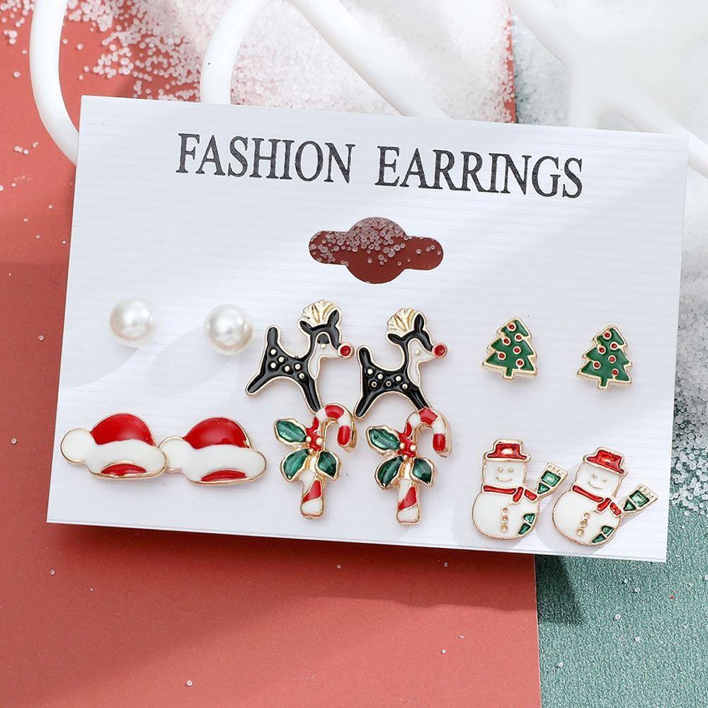 Mxbeauty Anting Tusuk Natal Untuk Anak Perempuan 6pasang/set Sederhana Elk Santa Claus Pohon Natal Snowman Kartun Bell Wanita Drop Earrings