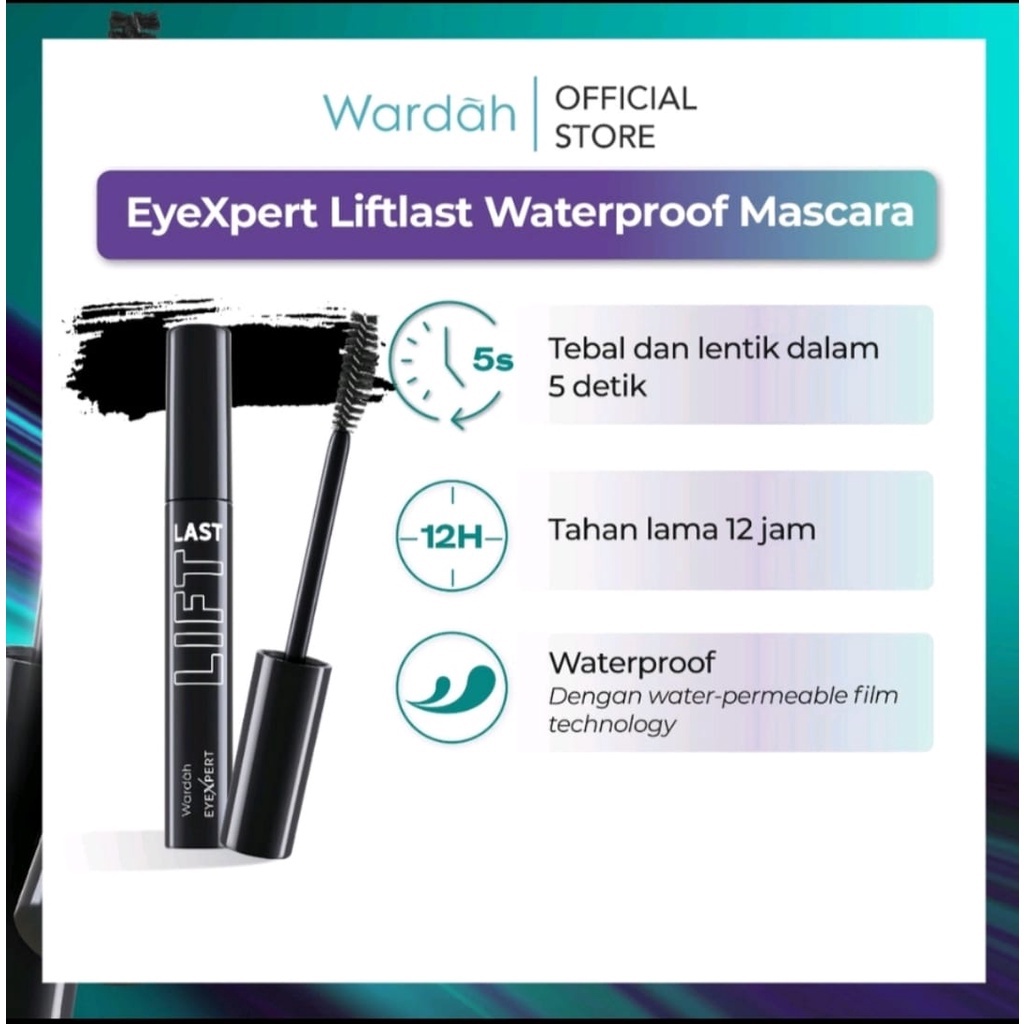 Wardah EyeXpert Liftlast Waterproof Mascara 50ml Lentik Dalam 5 Detik, Tahan Lama 12 Jam