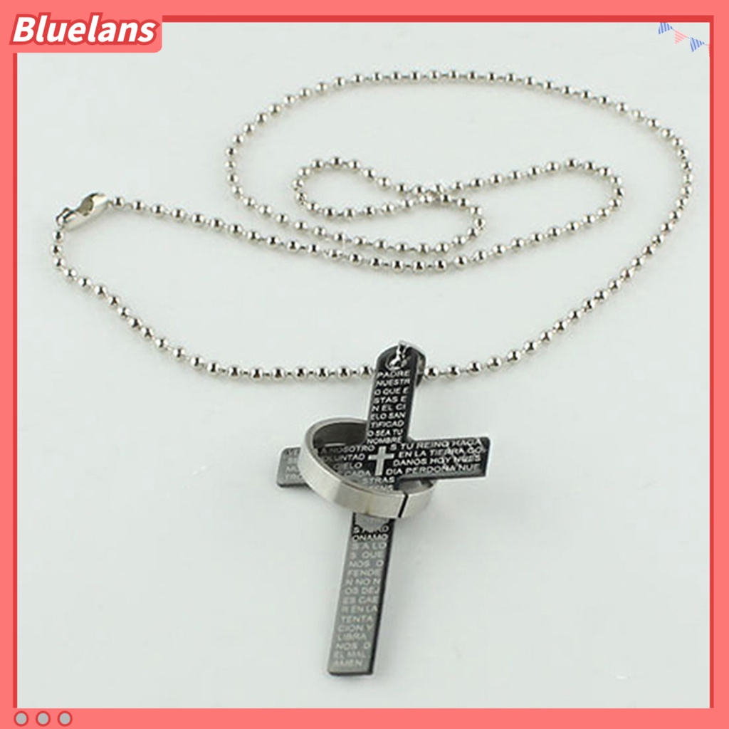 Bluelans Men Stainless Steel Prayer Cross Ring Pendant Ball Chain Punk Necklace Jewelry